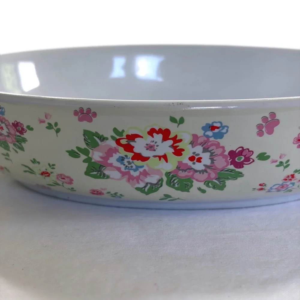 Floral Ceramic Pet Bowls Set of 2 Oval Shallow Cat Dog Dishes Cream Pink Blue